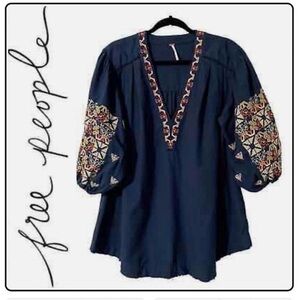 Free People Dark Blue Embroidered Blouse